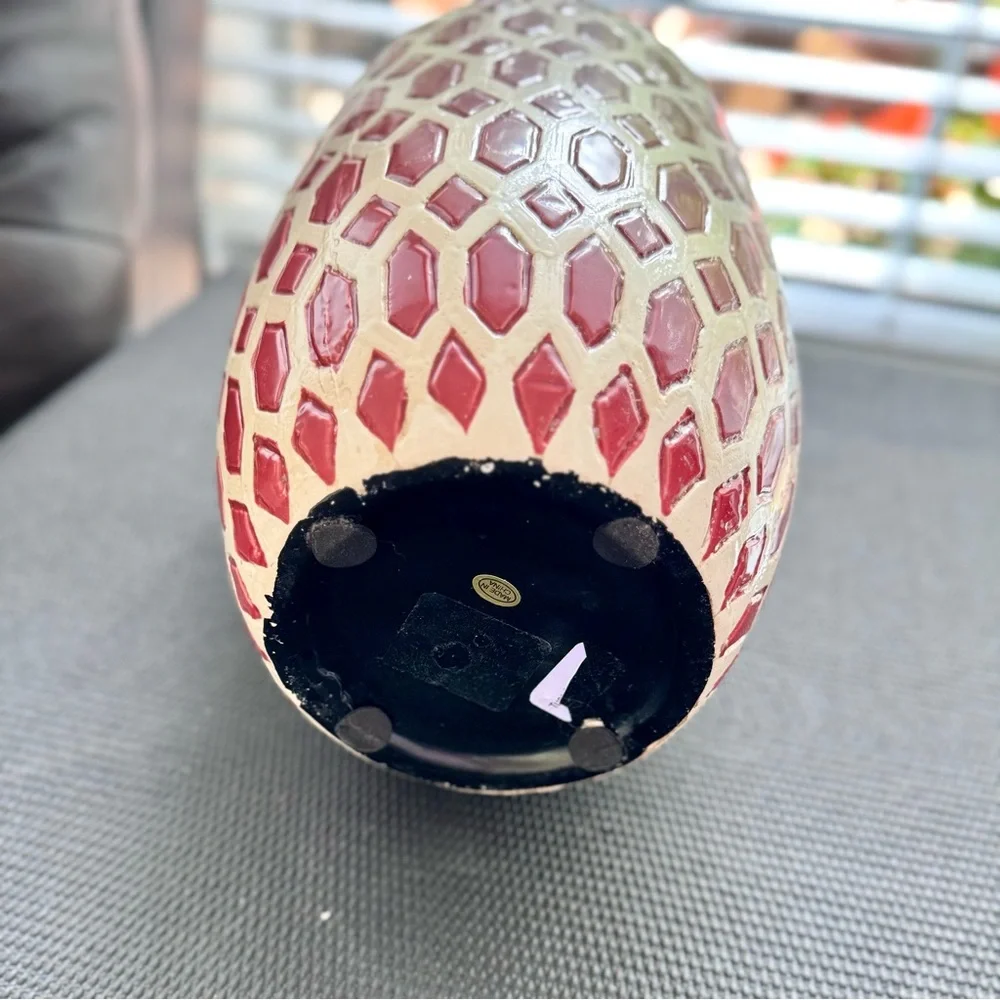 15” CHINOISERIE Mid Century Modern Vase Red Brick Ivory Geometric Porcelain MCM - Picture 7 of 10